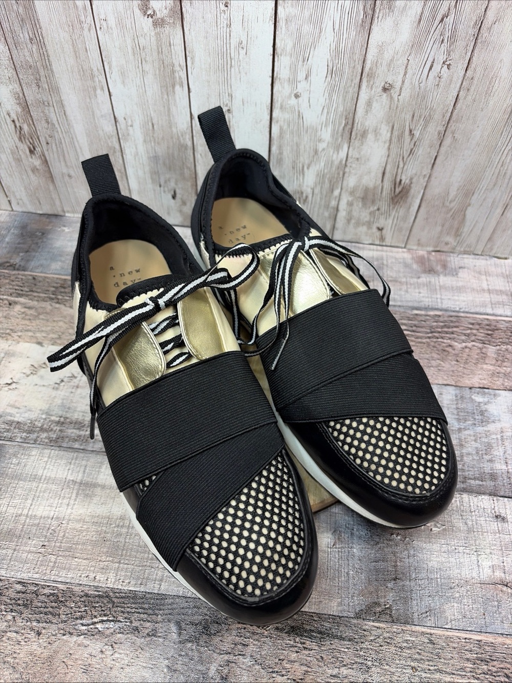 A New Day Black White Cream Gold Sneakers Size 9.5